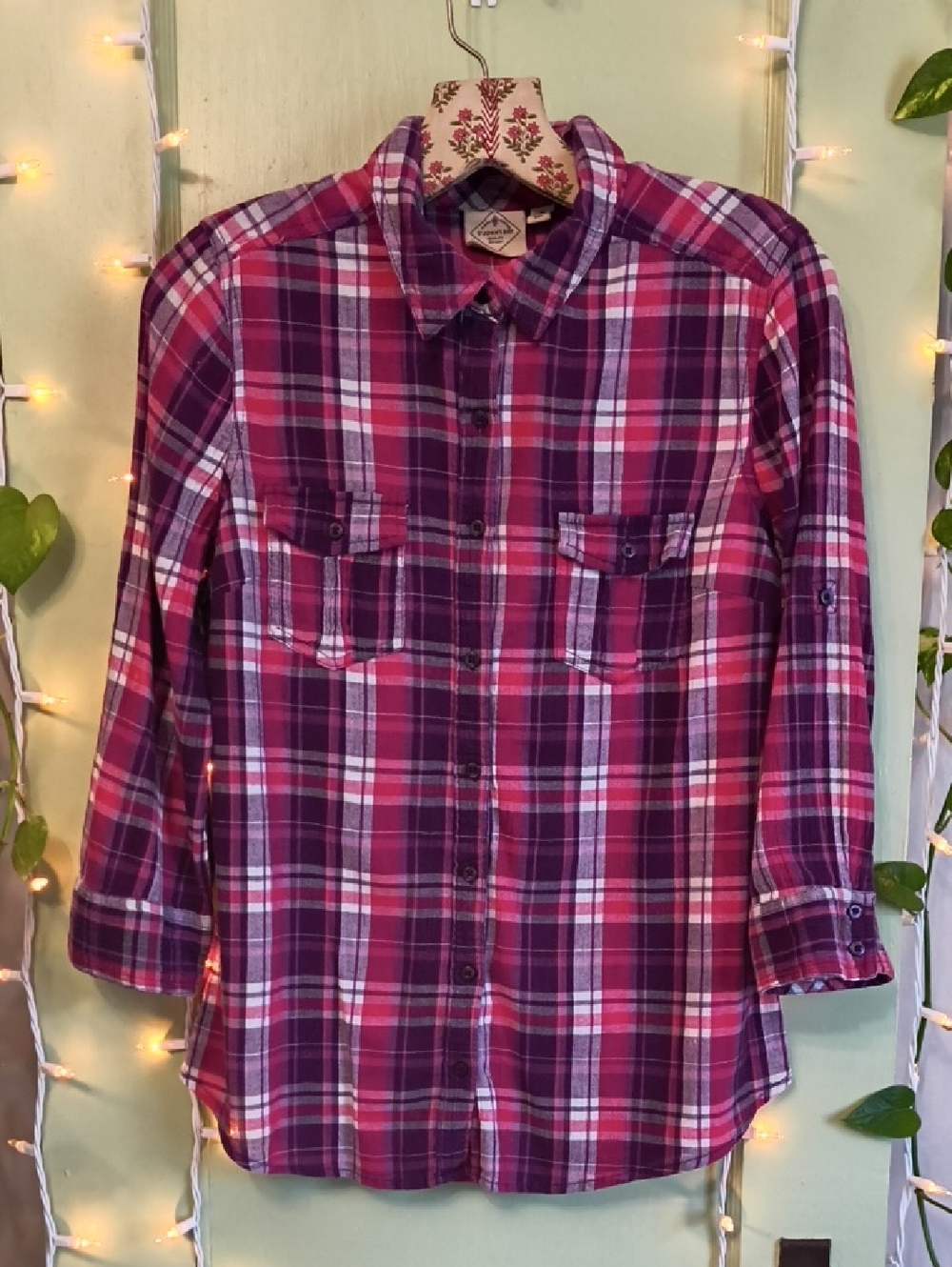 Women's St. John's Bay Purple Pink Plaid Gauze Semi Sleeve Button Up M